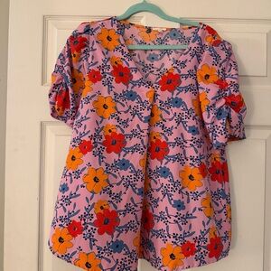 Jodifl Floral Blouse Large Pink Orange V-Neck Top